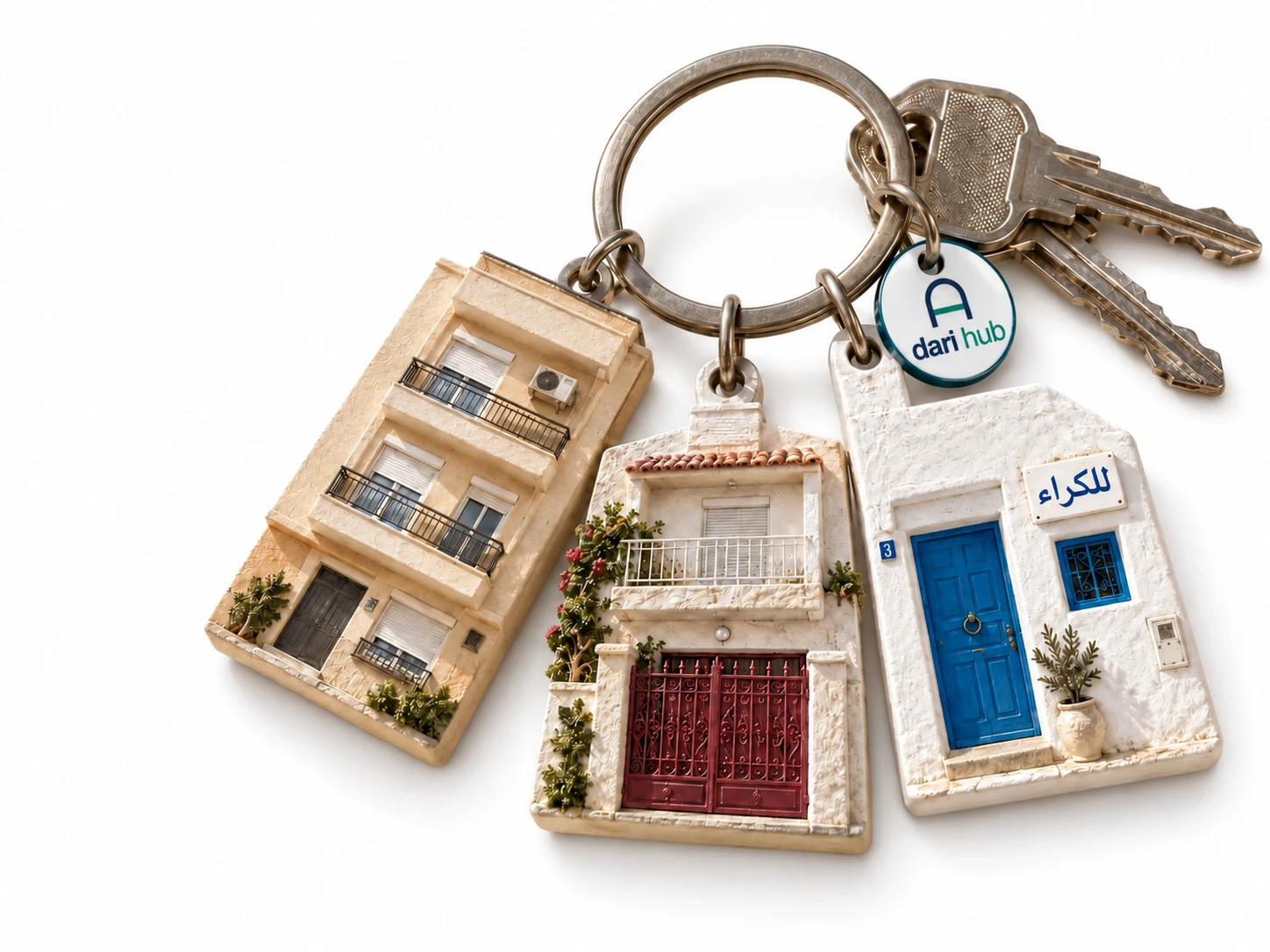 Un trousseau réunit trois façades tunisiennes et le logo Dari Hub.